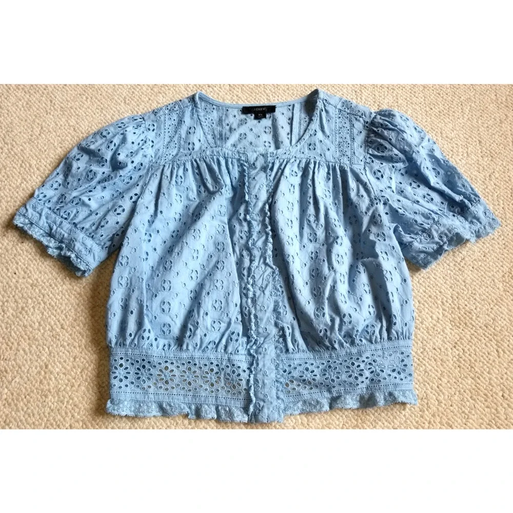 J. Crew Sky Blue Eyelet Cotton Peasant Blouse